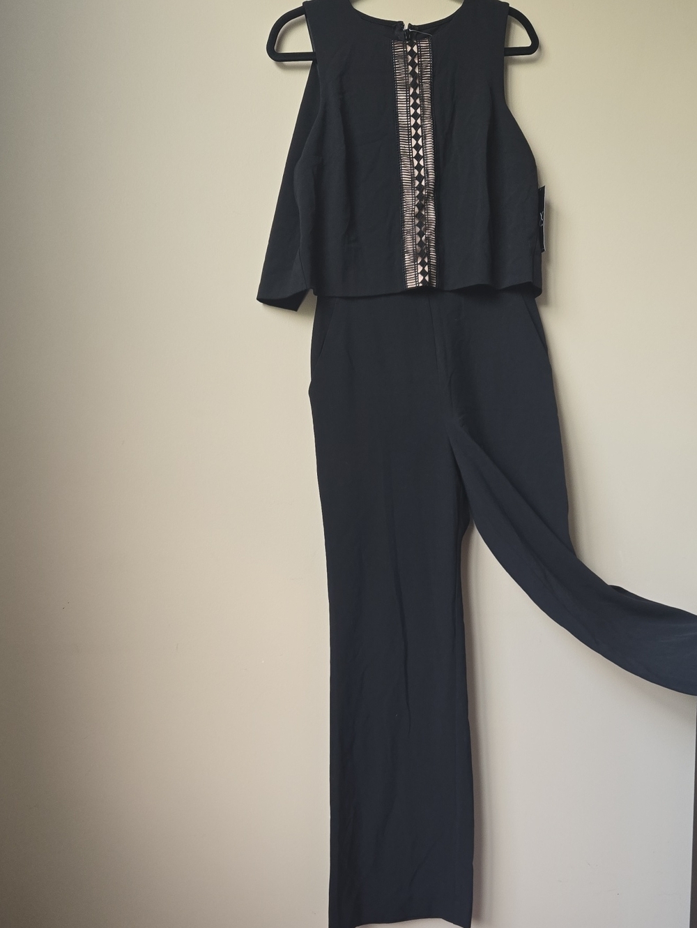 New York & Company Black Sleeveless Jumpsuit with Embellished Center Trim